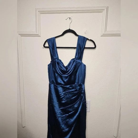Lulus Stunning Arrival Dark Teal Satin Off-The-Shoulder Maxi Dress Wedding - Picture 7 of 11